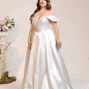 Off-Shoulder White Satin Plus-Size Wedding Gown 2XL